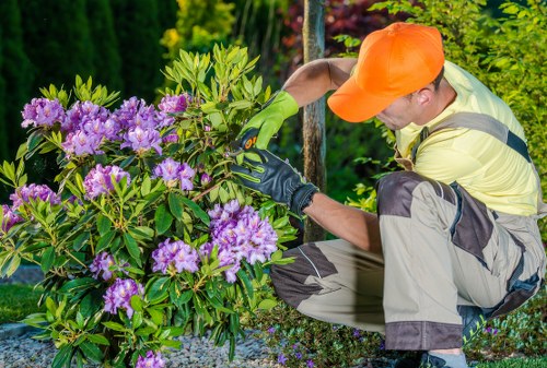 Team of gardeners preparing tools at a garden site